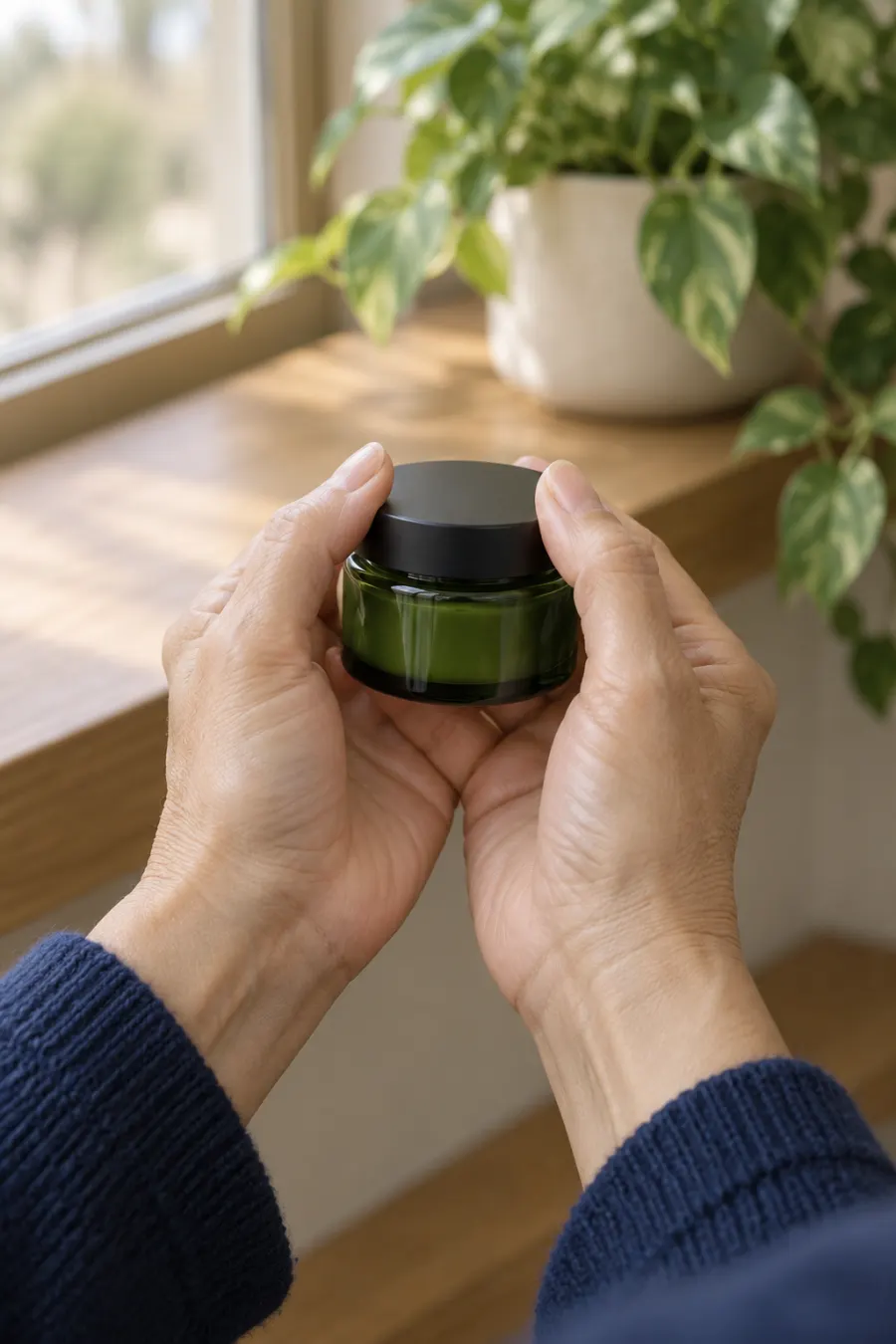 Editorial close-up of an older woman's hands in navy knit cuffs holding a small green glass jar beside a sunlit window with a leafy plant.