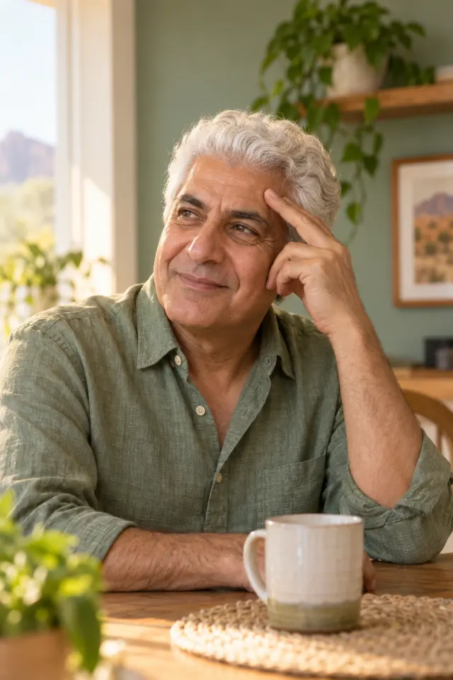 Editorial portrait of a man in his late sixties with close-cropped white hair and a short white beard, in an oatmeal knit sweater, gazing toward a window as a gloved fingertip rests at his temple.
