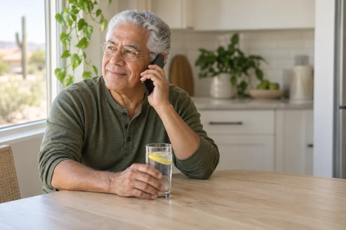 An older man with white hair and thin gold glasses smiles on a phone call at a sunlit kitchen table.