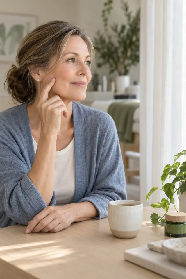 Editorial photo of a woman in her sixties with a loose low bun, in a dusty-blue cardigan at a pale oak table by a sunny window, one fingertip resting on her cheekbone.