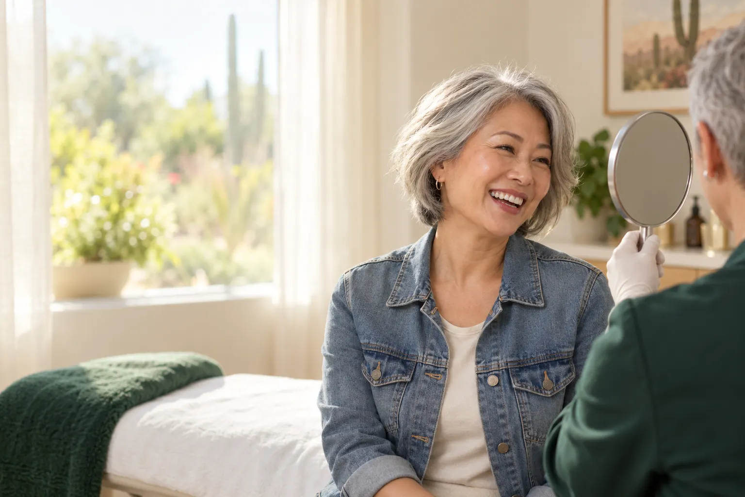Editorial photo of a silver-haired woman in a denim jacket laughing in a bright treatment room while a provider in a green coat, seen from behind, holds up a hand mirror.