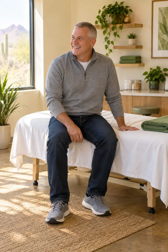 Editorial photo of a smiling man in a ball cap and grey sweater sitting on a white treatment table with a green towel beside him.