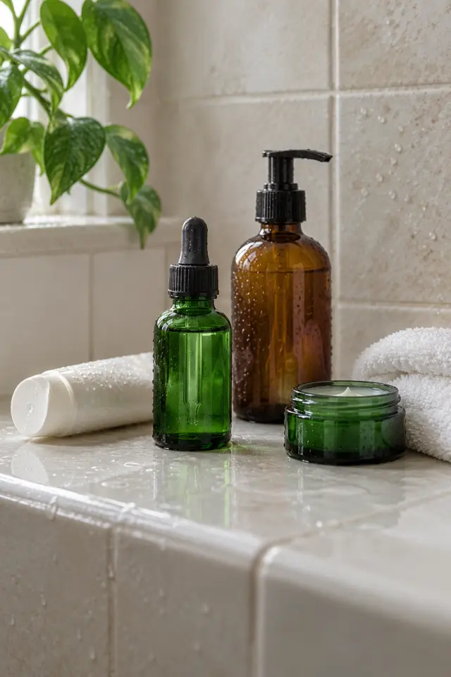 Editorial still life of green and amber glass bottles, a cream jar and a white towel on a tiled, sunlit ledge beside a leafy plant.