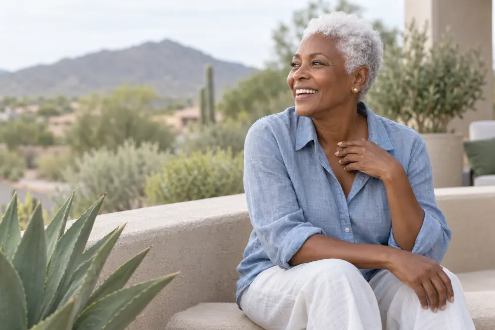 Editorial morning portrait of a woman in her sixties with short white hair, in a soft blue linen shirt on a stucco patio wall with pale desert shrubs behind, laughing softly.