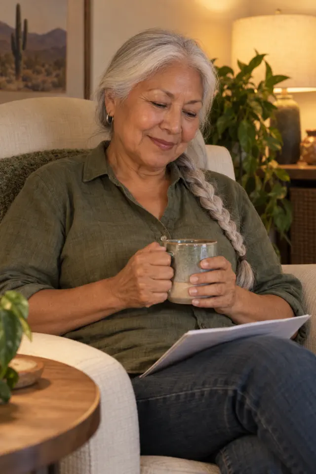 Editorial candid of a woman in her seventies with a long white braid and an olive linen shirt, seated in a cream armchair reading a short list with a mug in her hands.