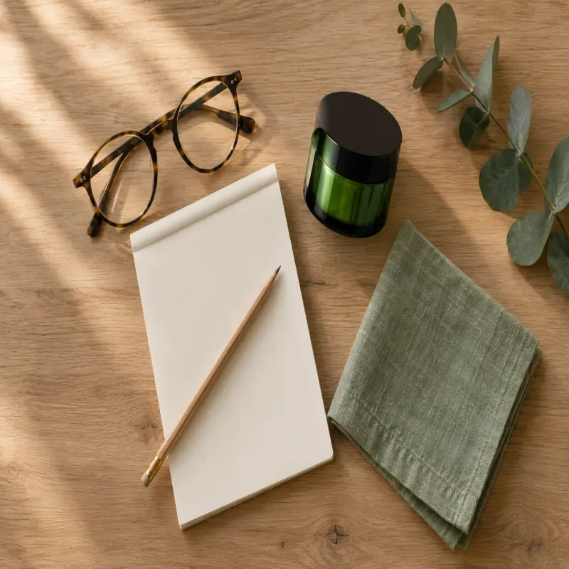 Editorial flat-lay on a pale oak desk: tortoiseshell reading glasses, a blank cream notepad with a pencil, a small green glass jar, a folded sage napkin and a eucalyptus sprig.