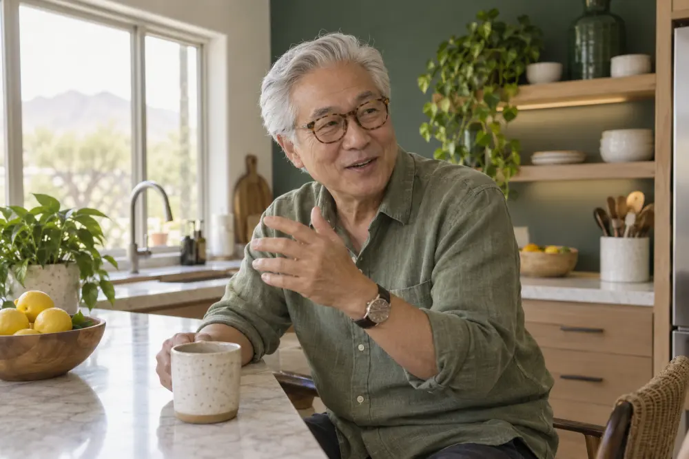 Editorial candid of a man in his seventies with swept-back silver hair and tortoiseshell glasses, in a sage linen shirt at a bright kitchen counter, mid-sentence.